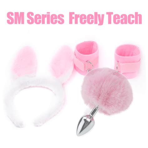 A Set Silicone Anal Tail Fluffy Hand Cuffs Pink Rabbit Ear Bunny Cosplay Sex Accessories Short