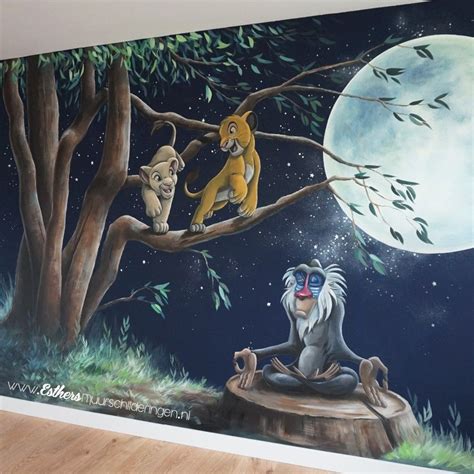 A Painting Of Lions Sitting On A Tree Branch In Front Of A Full Moon