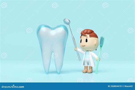 3d Miniature Cartoon Character Dentist Hands Hold Dentist Mirror