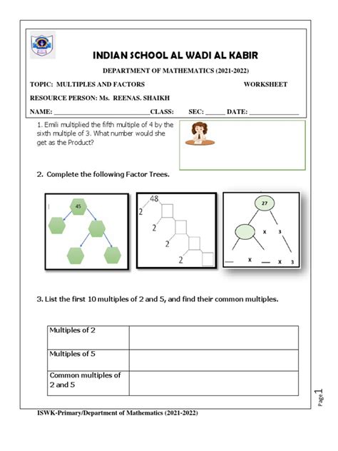 Multiples And Factors Worksheet Pdf Pdf