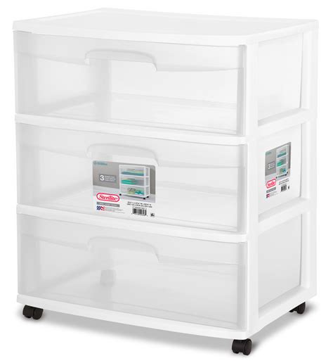 Sterilite Versatile 3 Drawer Wide Cart White Portable Storage Solution With Clear Drawers And