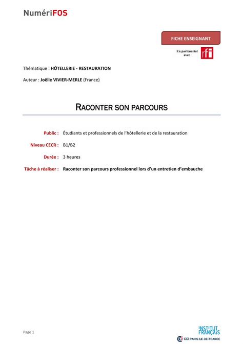 PDF FICHE ENSEIGNANT HÔTELLERIE RESTAURATION Page 3 Activité 2