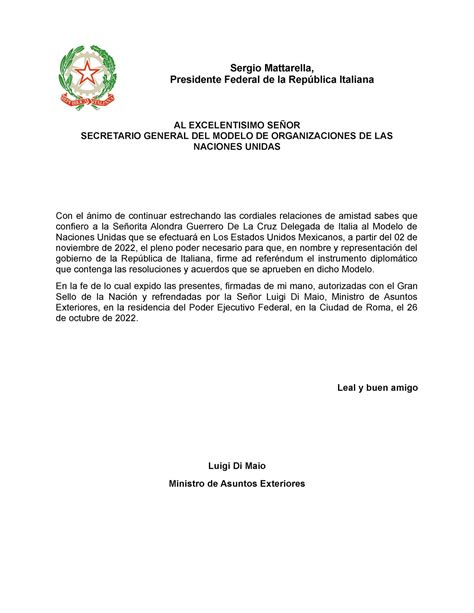 Carta Credencial Sergio Mattarella Presidente Federal De La