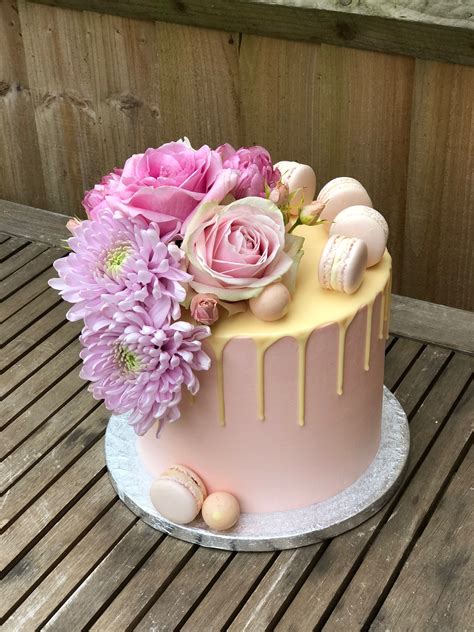 Pink Buttercream Drip With Fresh Flowers And Macarons Buttercream Decorating Buttercream Cake