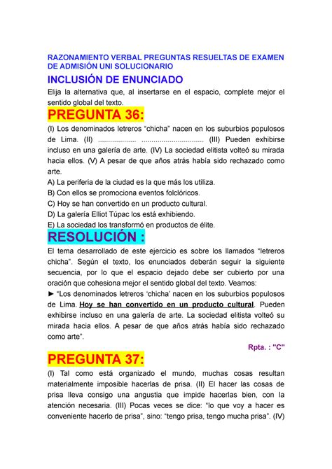 Razonamiento Verbal Preguntas Resueltas De Examen De Admisi N Uni