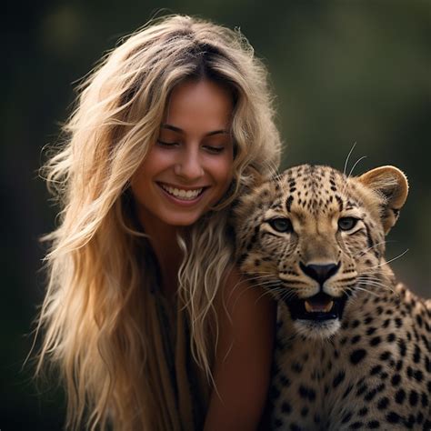 Premium Photo Smiling Blonde Woman With A Leopard