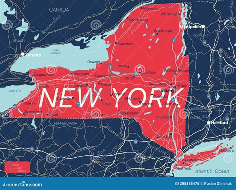 纽约州详细可编辑地图 向量例证 插画 包括有 国界的 地理 详细资料 新建 国家 大使 尼亚加拉 205355475