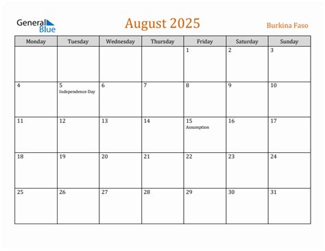 August 2025 - Burkina Faso Monthly Calendar with Holidays