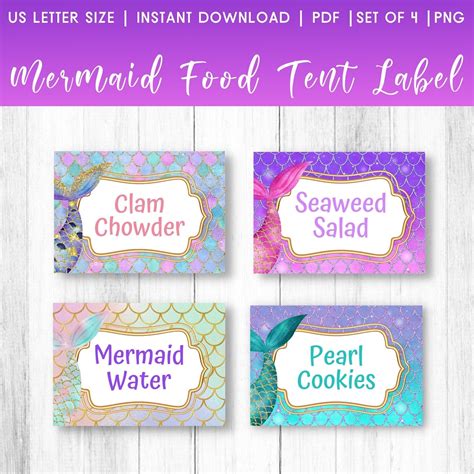 Editable Mermaid Party Food Label Mermaid Blank Food Tent Cards Labels Editable Mermaid Party