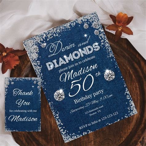 Denim And Diamonds Invitation For Any Age Editable Denim And Etsy