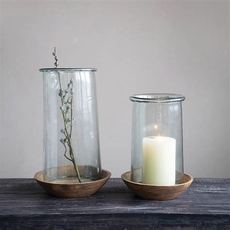 Hurricane Glass Candle Holder With Wood Base Antique Farmhouse