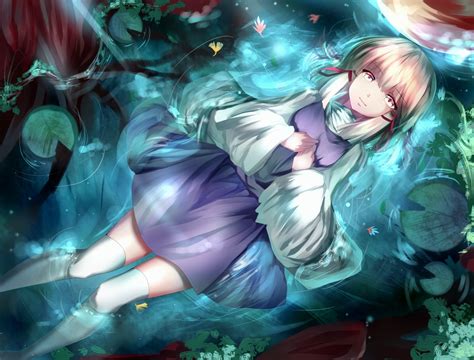 Blonde Hair Dress Hizagawa Rau Leaves Moriya Suwako Pink Eyes Thighhighs Touhou Tree Water