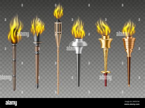 Torch Flame Set Realistic Medieval Olympic Games Flaming Torchlight Or