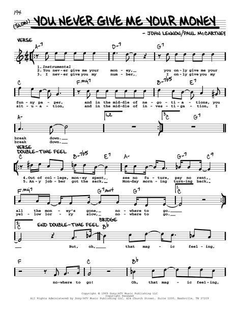 You Never Give Me Your Money Jazz Version By The Beatles Sheet Music For Real Book Melody