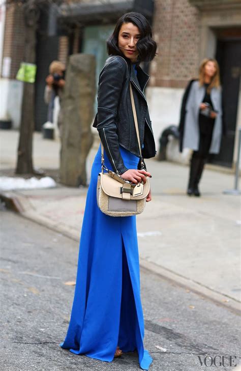 Blue Maxi Dress Leather Jacket Street Style Fashion Fashion Week