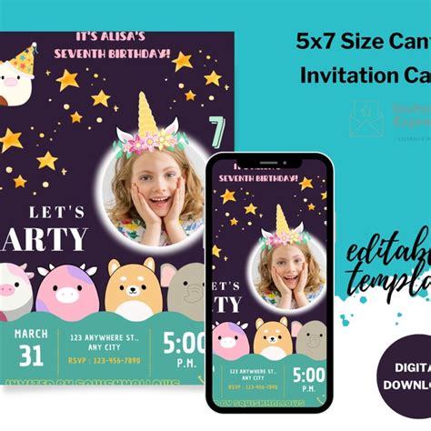 Squishmallow Printable Birthday Invitations Etsy