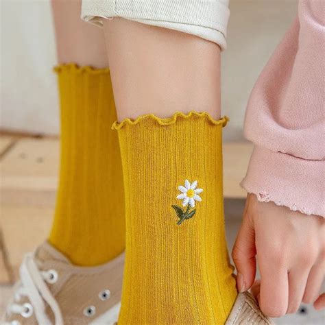 Ruffle Flower Socks Flower Embroidery Socks Vintage Socks Etsy