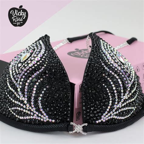 Black Crystal Bikini Vicky Ross Fit Fitness Competition Suits Black Diamond Feather Vicky