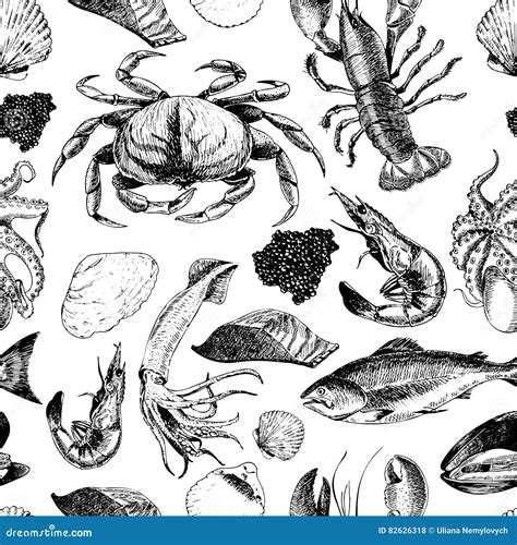 Vector Seamless Pattern Of Seafood Lobster Crab Salmon Caviar Squid