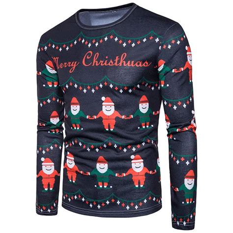 New Christmas Long Sleeve T Shirt Men Sweat Casual Tops Style Male Funny Santa Print Merry Xmas