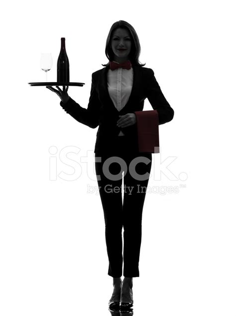 Woman Waiter Butler Serving Red Wine Silhouette Stock Photo Royalty