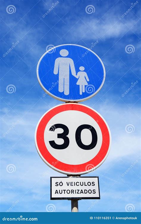 Pedestrian and Speed Limit Signs, Portugal. Stock Image - Image of algarve, blue: 110116351