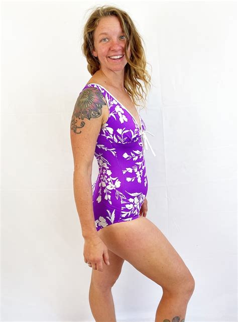 Vintage 80s Purple Floral Tropical Swimsuit Gem