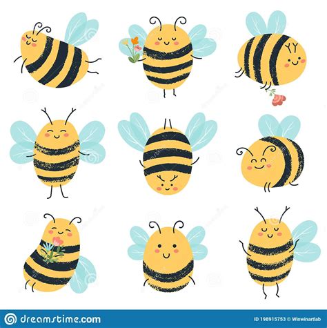 Cute Bees Funny Yellow Bee Characters Hand Drawn Flying Honey Bees