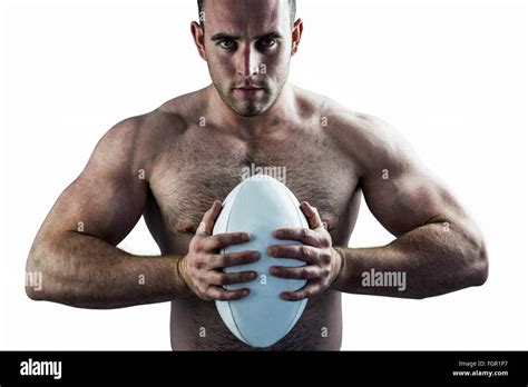 Shirtless Rugby Player Holding Ball Stock Photo Alamy