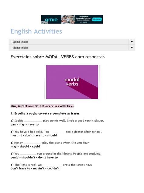 English Activities Exercícios Sobre Modal Verbs Com Respostas Pdf