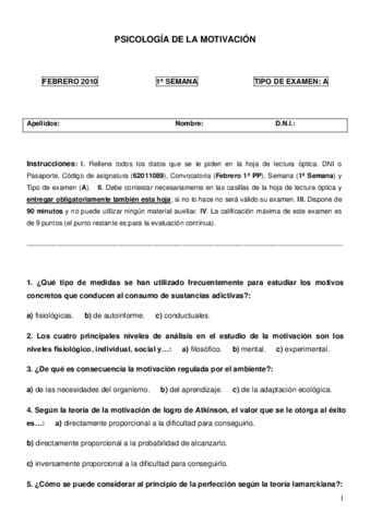 Examen Psicologia De La Motivacion Pdf