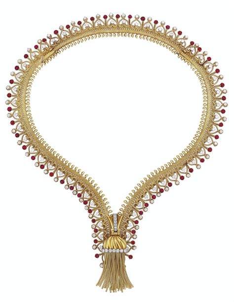 An Iconic Retro Gold Ruby And Diamond Zip Necklace Van Cleef