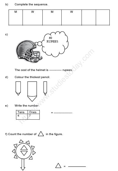 Cbse Class 1 Mathematics Sample Paper Set K Artofit