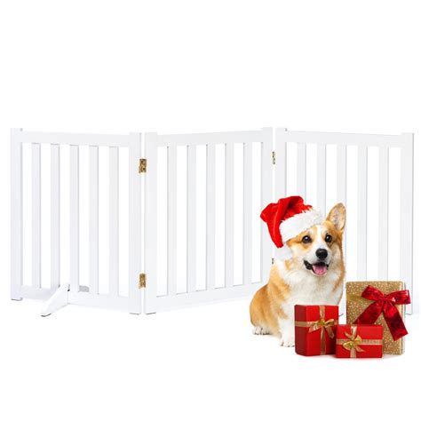 3 Panels 24" Freestanding Pet Gate, Solid Wood Folding Safety Fence Wooden Dog Gate, White ...