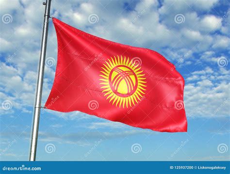 Kyrgyzstan Flag Waving With Sky On Background Realistic D Illustration