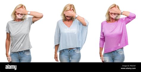 Collage Of Beautiful Middle Age Blonde Woman Over White Isolated Backgroud Smiling And Laughing