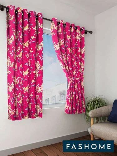 Fashome Pink Printed Polyester Eyelet Fitting Windows Curtain Feet