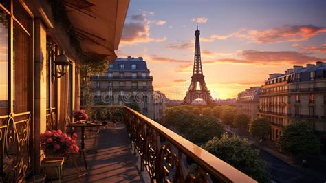 Terrace or Balcony with Eiffel Tower View at Sunset, Romantic Vacation ...