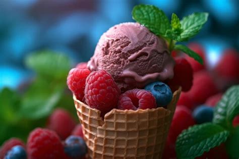 Premium AI Image | A raspberry ice cream cone with a blueberry sauce