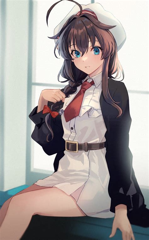 Safebooru 1girl Ahoge Belt Black Belt Blue Eyes Blush Braid Brown Hair Buttons Collared Dress