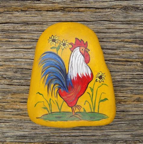 Rooster In The Flower Field Painted Rock Decorative Accent Stone