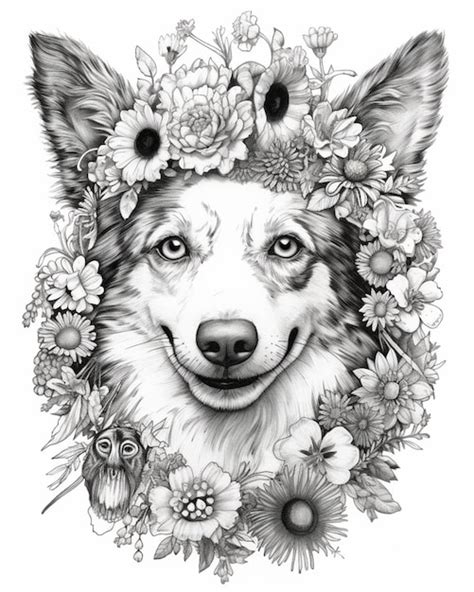 Un Dibujo En Blanco Y Negro De Un Perro Con Flores En La Cabeza Ai