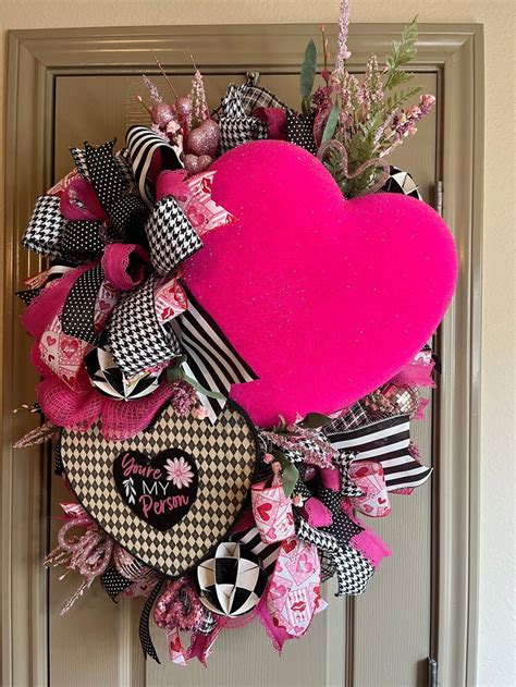 Pink With Black And White Valentines Wreath For Your Door Etsy In