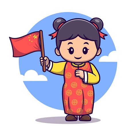 Cute Girl Wearing Traditional Clothes And Holding Chinese Flag Cartoon