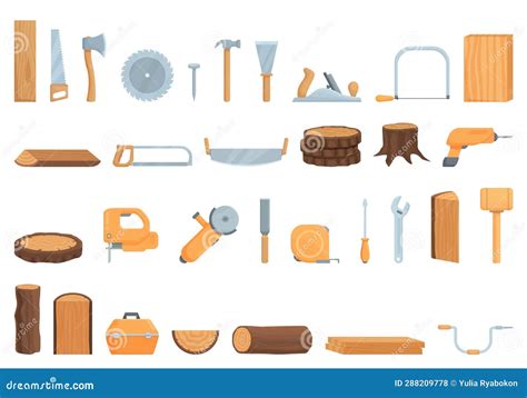 Woodworking Icons Set Cartoon Vector Man Furniture Stock Illustration