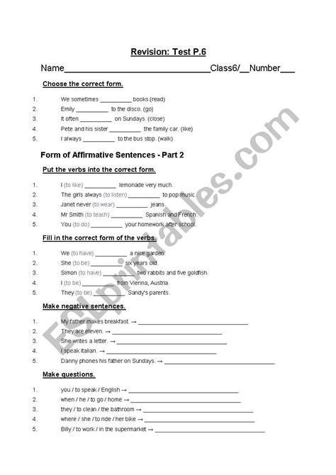 Revision Test For 6 Graders Esl Worksheet By Masterthao829