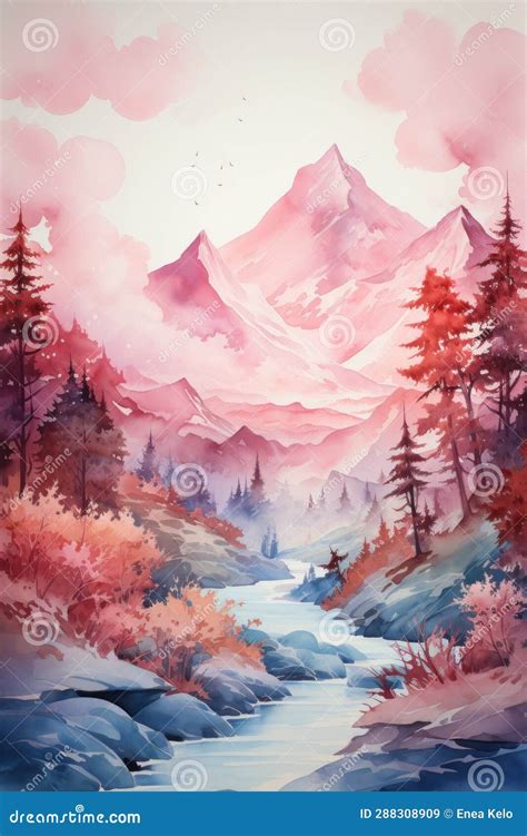 Mountain Peaks Minimalist Watercolor Landscape Stock Illustration