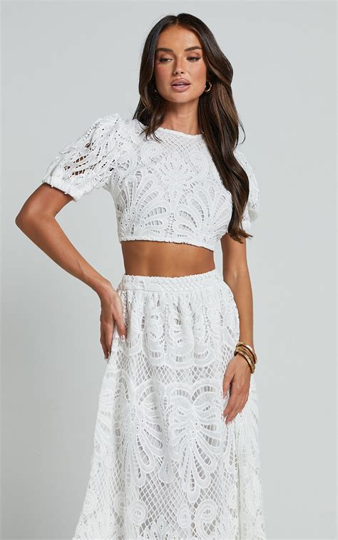 Sveta Two Piece Set Lace Short Puff Sleeve Open Back Crop Top And