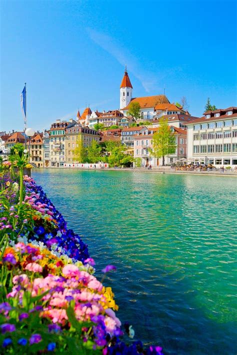 Beautiful Thun City Lake Thunersee Swiss Alps Switzerland Stock