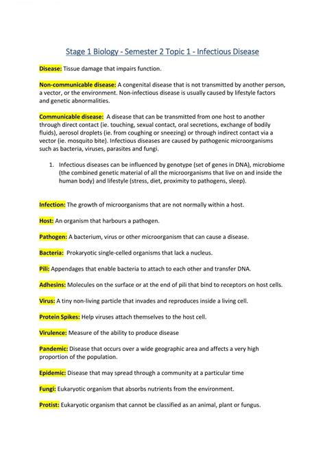 Sace Stage 1 Infectious Diseases Topic Notes Biology Year 11 Sace